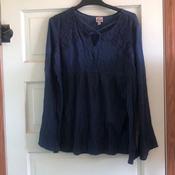 COMO VINTAGE Long Flared sleeves WOMEN's PEASANT TOP Size XL BOHO Blue Lace - Picture 1 of 6